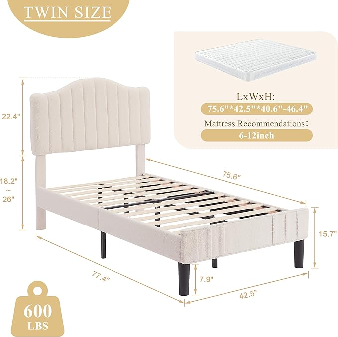 VECELO Twin Bed Frame Upholstered Platform Bed Frame with Height Adjustable Teddy Fabric Headboard, Strong Wood Slats Supports 7.9'' Under Bed Space Noise Free No Box Spring Needed, Beige