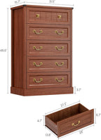 AOGLLATI Farmhouse 5 Drawers Dresser for Bedroom, 48” Tall Wood Rustic Chest of Drawers with Natural Texture, Vintage Design, Black Storage Dresser for Bedroom,Oak Brown