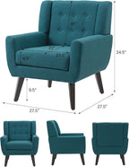 Accent Chair, Mid-Century Modern Fabric Chairs with Arms for Living Room, Comfy Upholstered Club Single Sofa Armchair for Bedroom Waiting Room with Solid Wood Frame (Fabric Turquoise, Set of 2)