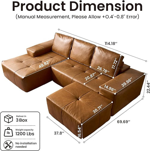 114" Cloud Sectional Couch with L-Shape Chaise & Ottoman, Modern Boneless Couches for Living Room, Fluffy Tufted Deep Seat Modular Sofa No Assembly (Faux Leather,Brown,Left Facing)