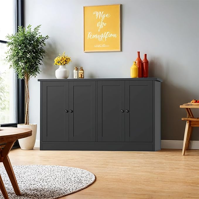 Black Buffet Storage Cabinet with 4 Door, 49" W Coffee Bar Cabinet, Kitchen Buffet Sideboard for Living Room, Kitchen