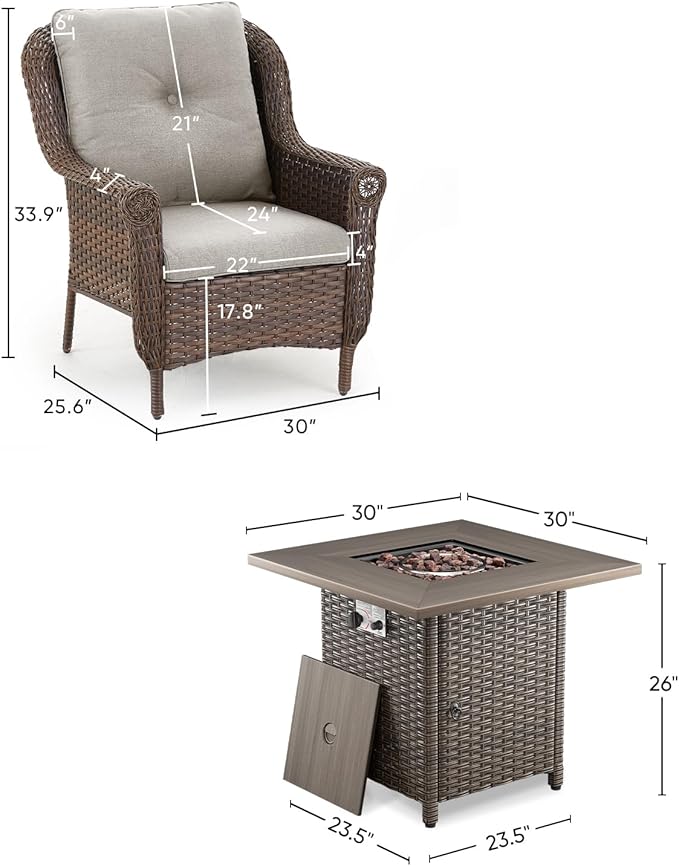 Outdoor Patio Chairs with Fire Pit Table 5 Piece Set - High Back Brown Wicker Rattan Lawn Chair with Thick Cushion for Porch Apartment Deck Yard Poolside Garden - Beige