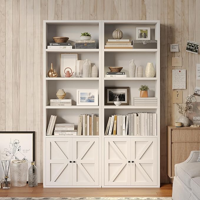MXV 6 Tier 71" Tall Wooden Bookshelf&Bookcase with Doors, Storage Shelves Organizer, Floor Standing Modern Display Cabinet Shelves, Home Decor Furniture for Home Office, Living Room, Bedroom, White