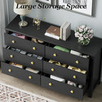 Black Dresser, Modern 6 Drawer Double Dresser for Bedroom with Gold Knobs, Adults & Kids Wide Dressers & Chests of Drawers for Hallway, Entryway