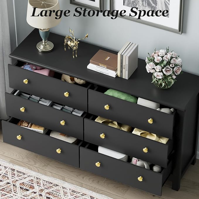 Black Dresser, Modern 6 Drawer Double Dresser for Bedroom with Gold Knobs, Adults & Kids Wide Dressers & Chests of Drawers for Hallway, Entryway