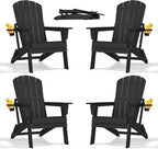 nevilywood Folding Adirondack Chair with Cup Holder Set of 4, HDPE Patio Chairs,All-Weather Outdoor Chairs for Backyard, Deck,Fire Pit-Black