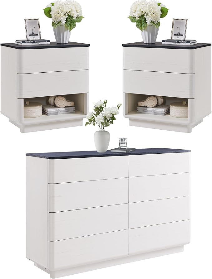 ACCOHOHO Modern Bedroom Set, 3 Pieces Bedroom Furniture Set, Wood 8 Drawer Dresser and Nightstands Set of 2, Chest of Drawers Wide Storage Organizer Cabinet for Bedroom, White