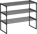 SONGMICS Shoe Rack, 3-Tier Shoe Organizer, Metal Storage Shelf, Upright or Upside Down, for 8-12 Pairs, Stackable, for Entryway, 11.8 x 26.8 x 21.7 Inches, Black ULSA203B01