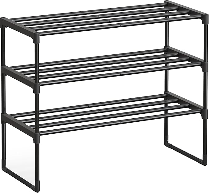 SONGMICS Shoe Rack, 3-Tier Shoe Organizer, Metal Storage Shelf, Upright or Upside Down, for 8-12 Pairs, Stackable, for Entryway, 11.8 x 26.8 x 21.7 Inches, Black ULSA203B01