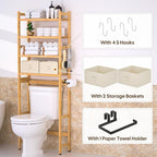 Over The Toilet Storage with 2 Baskets, 4-Tier Bamboo Organizer Rack with Paper Holder & 4 Hooks & Waterproof Feet Pad,Freestanding Shelf for Bathroom(Natural)
