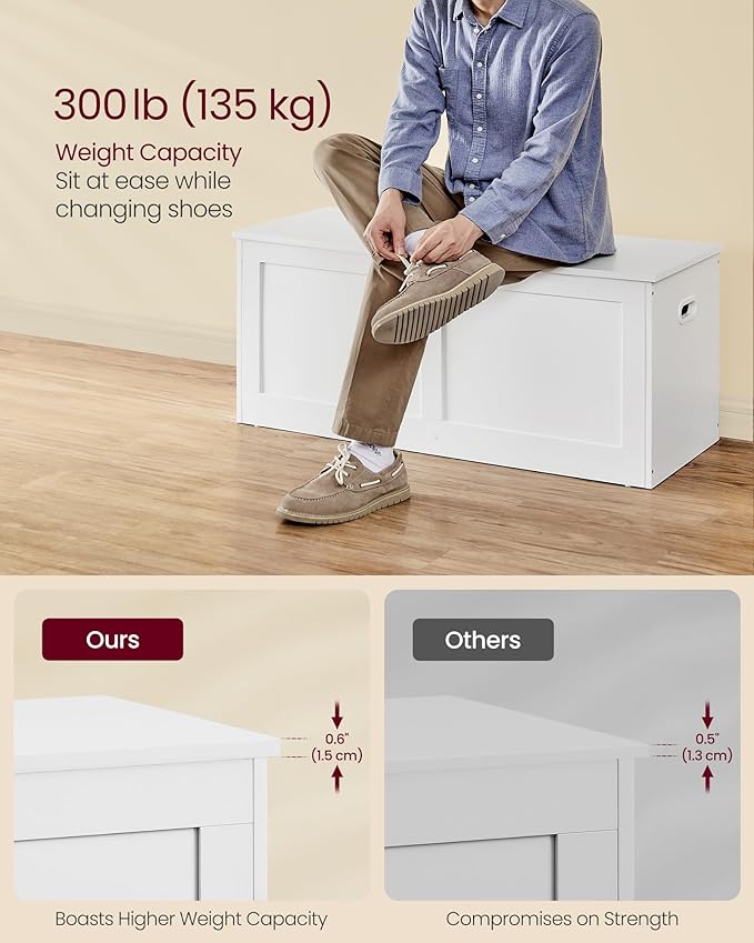 VASAGLE Storage Chest, Storage Trunk with 2 Safety Hinges, Storage Bench, Shoe Bench, Farmhouse Style, 15.7 x 39.4 x 18.3 Inches, for Entryway, Bedroom, Living Room, Cloud White ULSB164W01