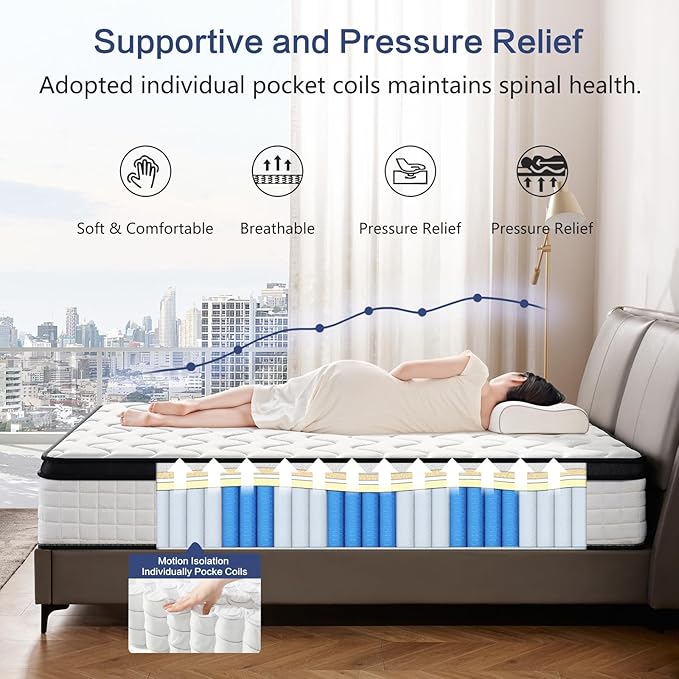12 Inch Full Hybrid Mattress – Medium Firm, Memory Foam & Responsive Pocket Springs, Enhanced Edge Support, Motion Isolation, Pressure Relief, Eco-Friendly, Compressed for Easy Setup