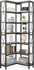 Tribesigns Corner Shelf, 7-Tier Industrial Corner Bookshelf, Wood and Metal Corner Etagere Bookcase, Freestanding Display Shelf for Living Room, Kitchen, Home Office, Gray