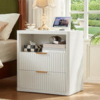 LEYAOYAO Fluted Farmhouse Nightstand Set of 2 with Charging Station, 23" Wide 2 Drawers End Table,White Dresser for Bedroom,Bed Side Table Chest of Drawers Cabinet,Wood Night Stand for Living Room