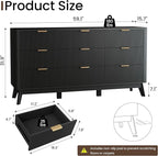 Fluted Dresser for Bedroom,59'' Modern Wooden Dresser with 9 Drawers, Bedroom Dressers, Natural Wood Chest of Drawers for Living Room, Hallway (Black)