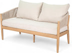 Christopher Knight Home Katarina Patio Acacia Wood Loveseat Furniture, Outdoor Loveseat Sofa with Comfy Fabric Cushions, 2-Seater Sofa with Handwoven Rope Backrest for Garden, Light Brown+Beige