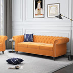 Chesterfield 3 Seater Sofa, Modern Velvet Tufted Couch 3 Seater with Rolled Arms and Nailhead Mid-Century Upholstered Couch for Living Room, Bedroom, Apartment and Office, Yellow