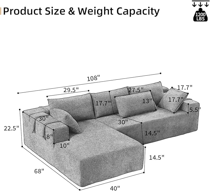 108" Modular Sectional Couch Sofa with L-Shape Chaise, Modern Cloud Comfy Sofa with Deep Seat, Upholstered Couches for Living Room Bedroom, No Assembly Required (Grey Left Facing Chaise)