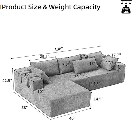 108" Modular Sectional Couch Sofa with L-Shape Chaise, Modern Cloud Comfy Sofa with Deep Seat, Upholstered Couches for Living Room Bedroom, No Assembly Required (Black Right Facing Chaise)