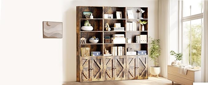 Bookshelf, 6-Tier Floor Bookcase with 2 Bottom Doors, 9.29"x23.62"x70.86", Storage Cabinet Bookshelves for Home Office, Living Room, Bedroom-Brown