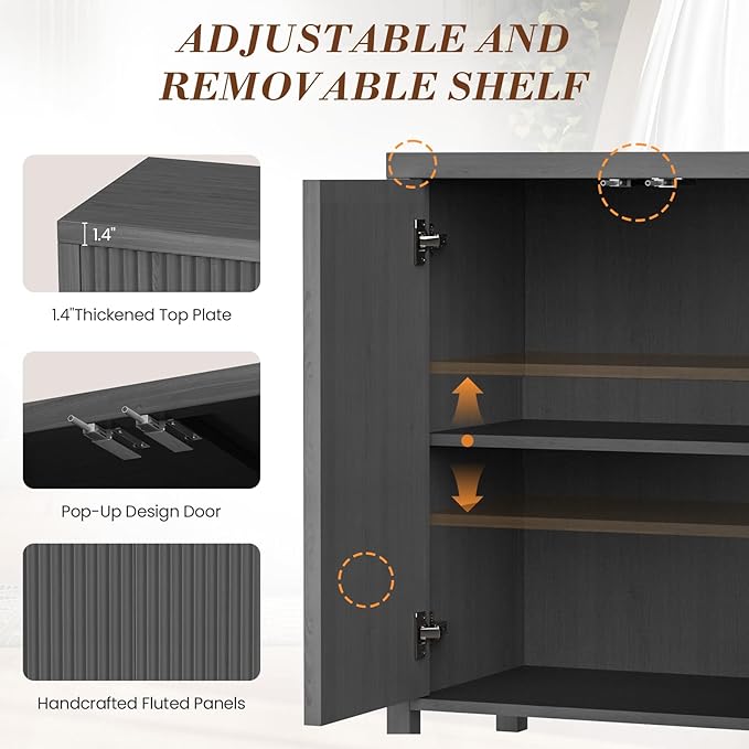 YOUDENOVA Fluted Buffet Cabinet with Storage, Modern Sideboard Cabinets with 4 Doors & Adjustable Shelves, Accent 56” Credenza Storage Cabinet, Wood Entryway Cabinet for Living Room Hallway, Grey