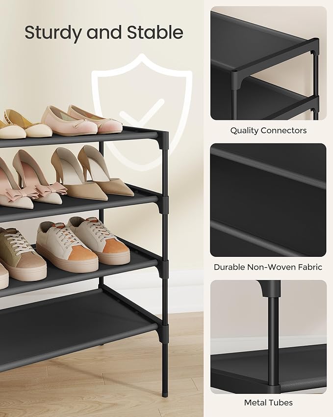 SONGMICS Shoe Rack, 4-Tier Shoe Storage Organizer, Space-Saving, 11.6 x 24.5 x 27.7 Inches, Entryway, Metal Frame, Non-Woven Fabric Shelves, Ink Black ULSH024BH01S