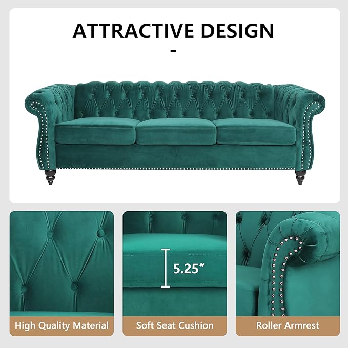 Home Sofa Living Room Furniture, 3 Seater 84" Velvet Upholstered Couch, Mid Century Modern Comfy Couch with Cushions, Classic Tufted Chesterfield Couches for Bedroom, Office, Apartment (Green)