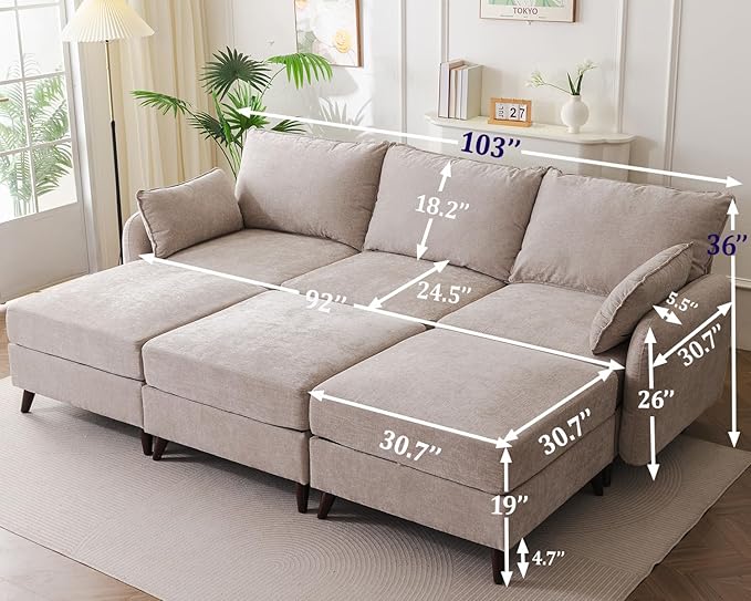 104'' Modular Sectional Sofa with All Seats Storage, Oversized Sleeper Sofa Bed for Living Room,3-Seater Comfy Cloud Couches with Movable Ottoman,Big Sectional for Bedroom,Velet,Khaki