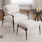 LukeAlon Mid-Century Chenille Accent Chair with Ottoman, Soft Living Room Chair with Metal Legs Modern Upholstered Armchair Reading Nook Chair Lounge Leisure Chair with Footstool for Bedroom, Beige