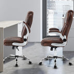 Executive Office Chair Brown, PU Leather High Back Office Desk Chairs with Wheels, 90-120° Rocking Managerial Ergonomic Big Tall Home Computer Chairs with Flip up Arms and Lumbar Support