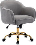 Home Office Desk Chair with Arms Gold Wheels Modern Velvet Upholstered Rolling Computer Chair Mid-Back Ergonomic Adjustable Swivel Vanity Chair for Bedroom Study Office, Grey,Corduroy