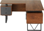 Techni Mobili Reversible L Shaped Desk with File Cabinet and Drawers 59” W – Modern Versatile L Shaped Office Desk with Drawers and File Cabinet - Brown