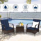 COSTWAY 3 Pieces Patio Rattan Furniture Set, Outdoor Conversation Chair Set with Coffee Table & 2 Cushions for Backyard, Porch, Poolside, Lawn, Garden, Navy