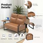 Faux Leather Loveseat, Upholstered Loveseat with Side Tray Table & Storage Pocket, Small Loveseat for Living Room, Modern 2 Seater Sofa Couch for Small Spaces, Bedroom, Brown