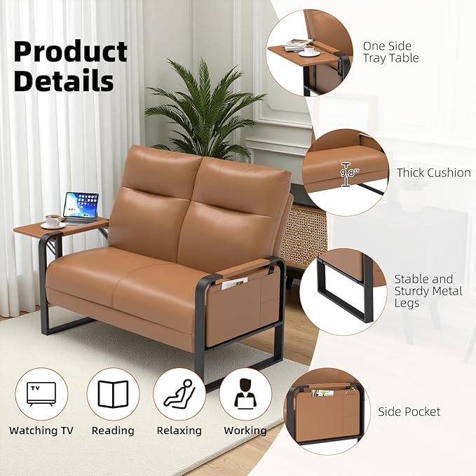 Faux Leather Loveseat, Upholstered Loveseat with Side Tray Table & Storage Pocket, Small Loveseat for Living Room, Modern 2 Seater Sofa Couch for Small Spaces, Bedroom, Brown