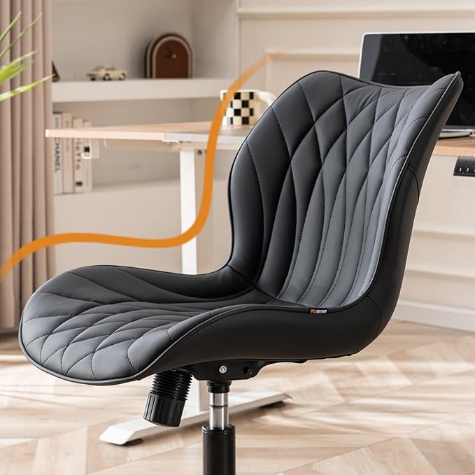 YOUNUOKE Armless Desk Chair Comfy Office Chair with Wheels Home Ergonomic Task Chair Adjustable Computer Chairs Modern Faux Leather Swivel Chair Upholstered Makeup Vanity Chair with Back(Black)