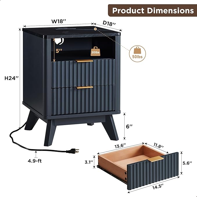 T4TREAM Fluted Nightstand Set of 2 with Charging Station, 18" Modern SideTable with Faux Marble Top, 2 Drawer End Table w/Storage, Bedside Table for Bedroom, Living Room, Curved Profile, Dark Grey