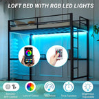 Karl home Twin Metal Loft Bed with Desk, with Power Outlet and LED Lighted, Safety Guardrail & Ladder, Space Saving, No Noise, No Box Spring Needed, Black&Brown