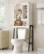 Over The Toilet Storage Cabinet with Tempered Glass Doors & Metal Stand, Over Toilet Organizer with Adjustable Shelf Space Saver Over Toilet , Tall Freestanding Shelf/Rack for Bathroom, Modern, White