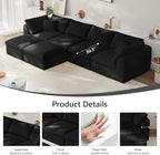 138" Boneless Cloud Couch Modular Sectional Sofa with Deep Seat for Living Room, L Shape Couch with Ottoman, Snowflake Cloth and 40D Memory Sponge，2 Throw Pillows (Black, 4 Seater+2 Ottoman)