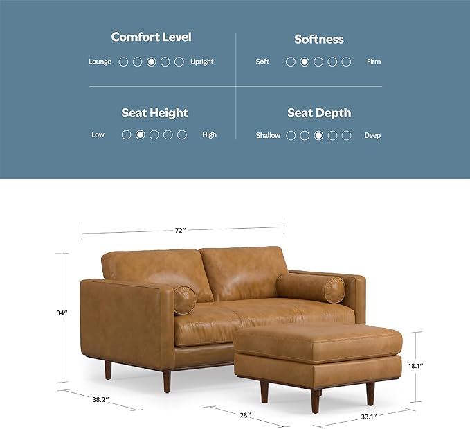 SIMPLIHOME Morrison Mid-Century Modern 72 inch Wide Sofa with Ottoman Set in Sienna Genuine Leather for the Living Room and Family Room