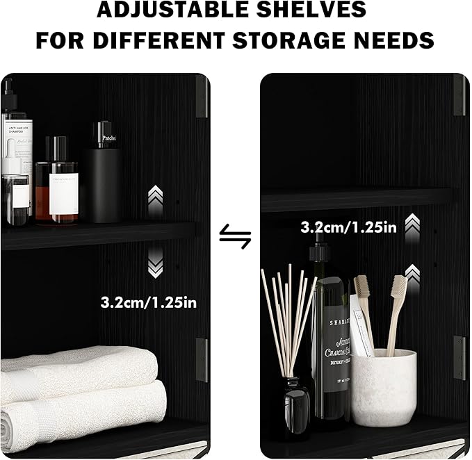 RUSTOWN Rattan Bathroom Wall Cabinet, Boho Over The Toilet Storage Cabinet with Arched Rattan Doors, Modern Medicine Cabinet with Adjustable Shelves & Towel Bar (Black, Medium)