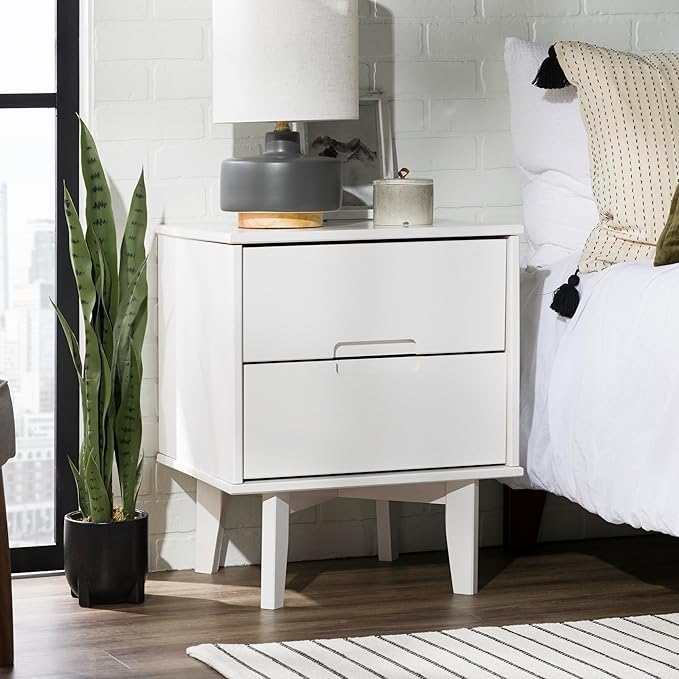 Walker Edison Furniture AZR2DSLNSWH Solid Wood 2-Drawer Groove Handle End Side Table Nightstand with Storage, 24" H, White