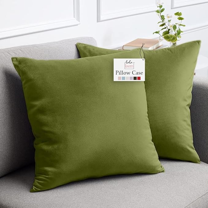 lalaLOOM Velvet Throw Pillow Covers, Set of 2, 20x20 Decorative Square Pillows Home Decor, Soft Accent Cases, Silky Machine Washable Pillowcases for Sofa, Couch, Bedroom, Living Room, Moss Green