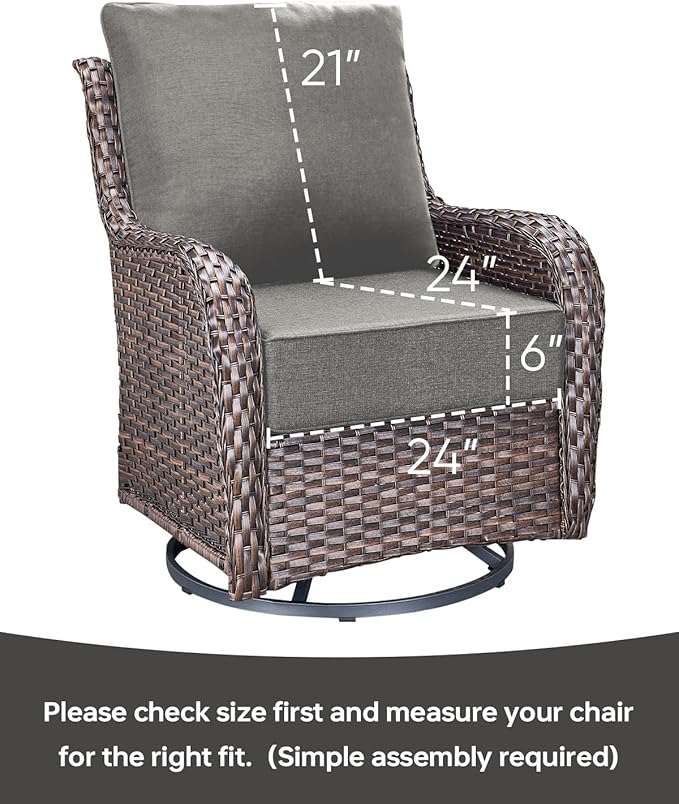 Luxury 24x24x6 Inch Outdoor Seat Cushions - Set of 2 Water Resistant Patio Chair Comfortable Cushion for Porch Set Rattan Dining Rocker Glider Chairs Loveseat Couch Sectional Sofa - Grey