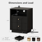 Nightstand with Charging Station, Modern Nightstand with Arched Design, Minimalist End Table with Wood Grain Texture, Bedside Table for Bedroom Living Room Sofa Office, Black