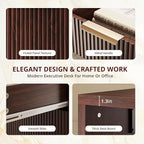 FURSUN 58" Modern Executive Desk with Storage, Home Office Desk with Drawer & Cabinet, Wooden Fluted Desk for Study, Living Room, Bedroom, Dark Walnut