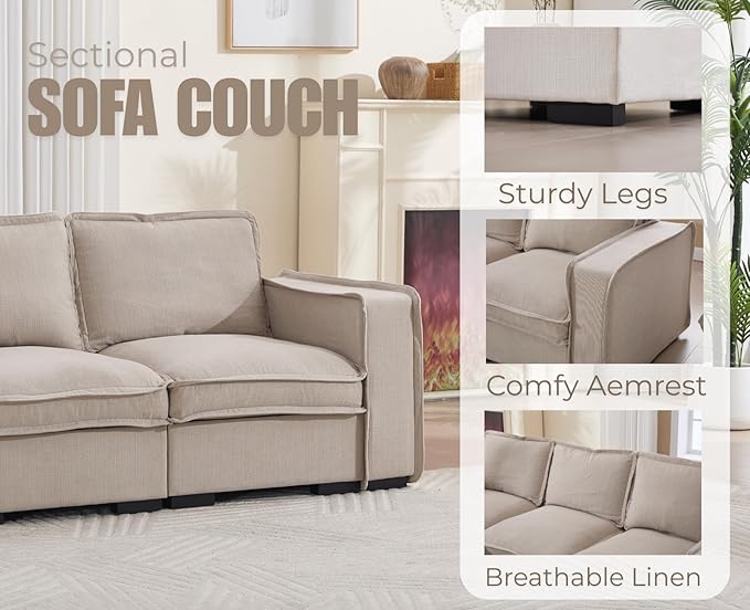EALSON 93" Modular Sectional Sofa Modern Comfy 3-Seater Couch Sofa Linen Fabric Upholstered Cloud Couches with 24" Deep Seat and Wooden Legs for Bedroom/Living Room/Office, Oatmeal