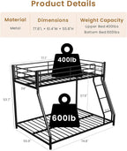 Twin Over Full Bunk Bed for Adults & Kids, Heavy Duty Bunk Beds with EVA Padded Ladder and Full-Length Guardrails, Noise-Free Metal Bed Frame, Space-Saving Design, Black