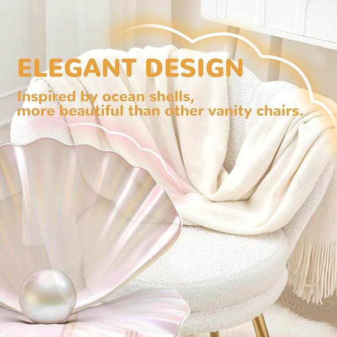 Teddy Vanity Chair with Back, Mid-Century Modern Small Accent Chair for Living Room, Golden Metal Legs Upholstered Boucle Makeup Chair, 1Pcs Bedroom Armchair, White